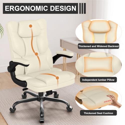 Executive Office Chair Flip Up Arms Lumbar Support Home Office Desk Chair - color: Cream