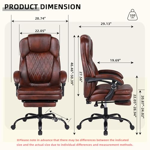 Executive Office Chair, Ergonomic Big and Tall PU Leather Desk Chair with Retractable Footrest, High Back Comfy Heavy Duty Computer Chair Adjustable Height