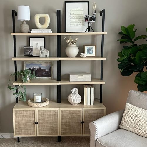 Nathan James Theo Industrial Open Shelf Bookcase with Accent Rattan Drawers Light Oak Wood, Matte Black Frame, Set of 4 - color: Theo Light Oak/Black, size: Set of 4