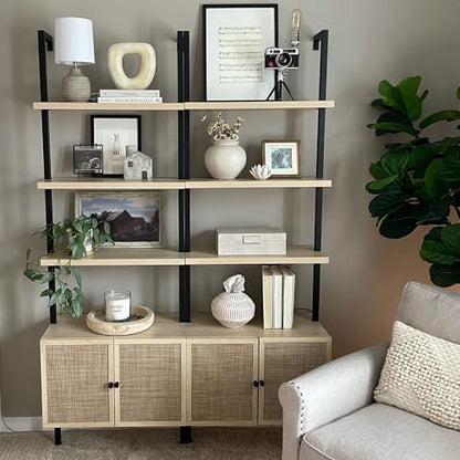 Nathan James Theo Industrial Open Shelf Bookcase with Accent Rattan Drawers Light Oak Wood, Matte Black Frame, Set of 4 - color: Theo Light Oak/Black, size: Set of 4