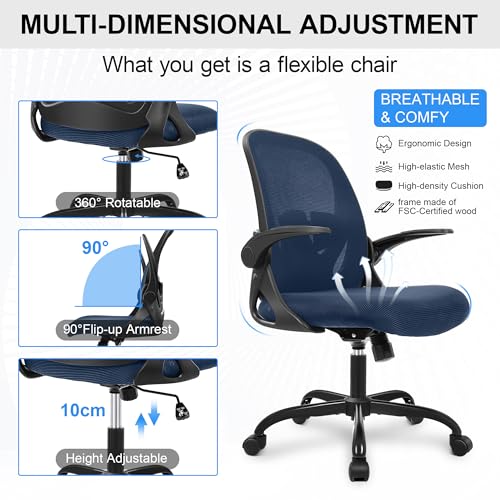 Office Chair Ergonomic Desk Chair with Flip up Armrests Swivel Breathable Desk Mesh Computer Chair with Adjustable Lumbar Support and Height for Conference Room (Navy) - color: Navy
