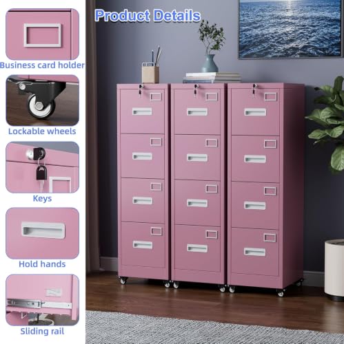 METAN 4-Drawer Pink Metal File Cabinet with Lock and Wheels | 17.7"D x 15"W x 54"H vertical cabinet with 4 full-extension drawers for letter/legal folders; assembly required - color: Pink, size: 4 Drawers-54"H