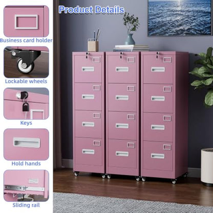 METAN 4-Drawer Pink Metal File Cabinet with Lock and Wheels | 17.7"D x 15"W x 54"H vertical cabinet with 4 full-extension drawers for letter/legal folders; assembly required - color: Pink, size: 4 Drawers-54"H