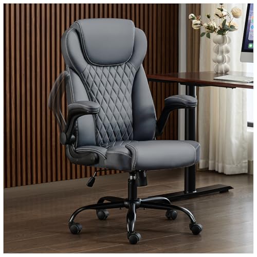 amseatec Big and Tall Office Chair, Flip-Up, Executive Desk Chair, Grey | Ergonomic Leather High Back, Lumbar Support, 90 °Lock, 115° Tilt, 20 Spring Packs, 300lbs Capacity, Wide Seat/Smooth Casters - color: Grey