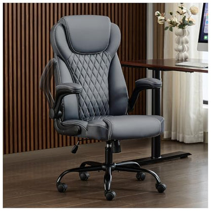 amseatec Big and Tall Office Chair, Flip-Up, Executive Desk Chair, Grey | Ergonomic Leather High Back, Lumbar Support, 90 °Lock, 115° Tilt, 20 Spring Packs, 300lbs Capacity, Wide Seat/Smooth Casters - color: Grey