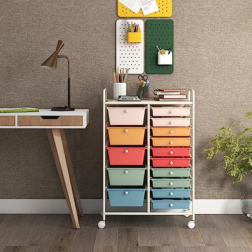 COSTWAY 15 Drawer Rolling Storage Cart, Mobile Utility Cart with Lockable Wheels, Drawers, Multipurpose Organizer Cart for Home, Office, School, Mixed Color - color: Mixed Color
