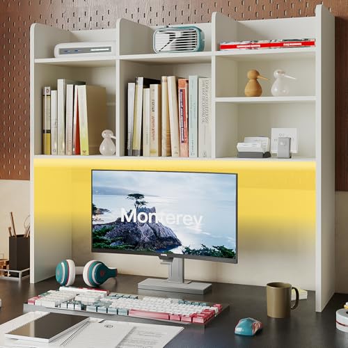 ChooChoo Desk Hutch Dorm with LED Lights, Desktop Bookshelf with 7 Shelves - color: Off White, size: With LED