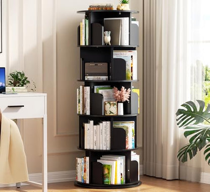 Aheaplus 5 Tier Wood Rotating Bookshelf, 360° Spinning Book Shelf Tower - color: Black, size: 5-Tier