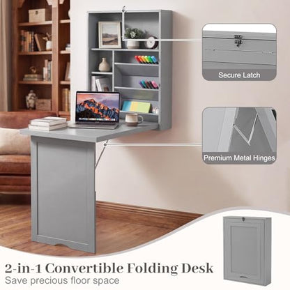Tangkula Folding Wall Mounted Desk, Convertible Fold Out Floating Table with Storage Shelves, Space-Saving Drop Leaf Table, Murphy Desk for Craft, Study, Small Spaces, Home Office, Dorm, Grey - color: Grey