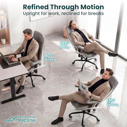 NEO CHAIR Leather Office Chair with Ergonomic Design, Executive Chair Grey | Computer Desk Chair with Lumbar Support, Adjustable Height Arms, Comfy Home Office Chair, Smooth Rolling and Swivel Design - color: H. High-back Grey