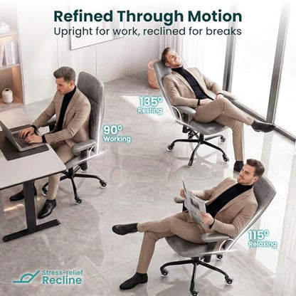 NEO CHAIR Leather Office Chair with Ergonomic Design, Executive Chair Grey | Computer Desk Chair with Lumbar Support, Adjustable Height Arms, Comfy Home Office Chair, Smooth Rolling and Swivel Design - color: H. High-back Grey