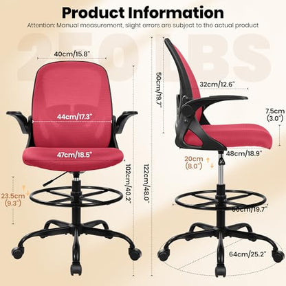 Drafting Chair Tall Office Chair with Flip-up Armrests Executive Ergonomic Computer Standing Desk Chair with Lumbar Support and Adjustable Footrest Ring (Fire Brick) - color: Fire Brick, size: 934-Z