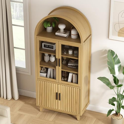 Arched Cabinet with Glass Doors, Fluted Pantry Cabinet with Solid Wood Legs - color: Wood Grain, size: Tall Arched - 15.7"D x 31.1"W x 70.8"H