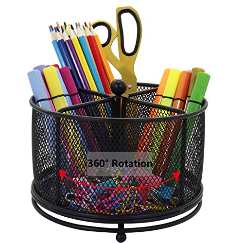 Pen Holder for Desk, 360 Rotating Mesh Pencil Organizer Marker Storage Caddy, Black Large Capacity Desktop Stationery Organizer, 4 Compartments for Home Office School Kids Art Supplies