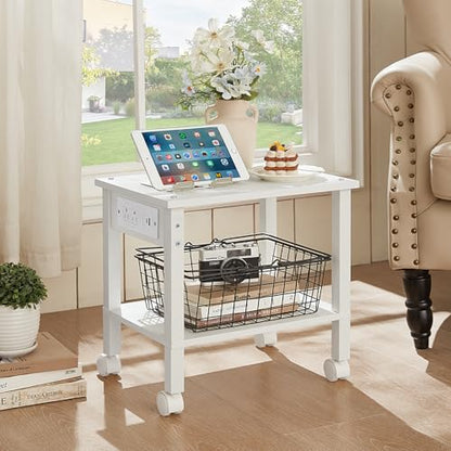 YUFAM 2 Tier Under Desk Printer Stand with Charging Station, White - color: White, size: 11.8"D×15.7"W×15.3"H(With USB)