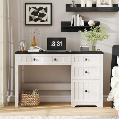 Vabches Farmhouse Executive Desk with 4 Drawers, Home Office Desk with File Drawer, Wood Computer Desk with Storage, Rustic Office Desk for Work Study Writing, Black White - color: Black White