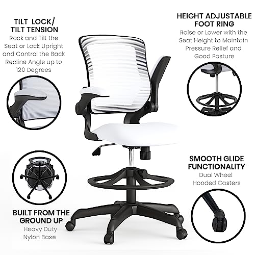 EMMA + OLIVER Mid-Back White Mesh Drafting Chair - color: White