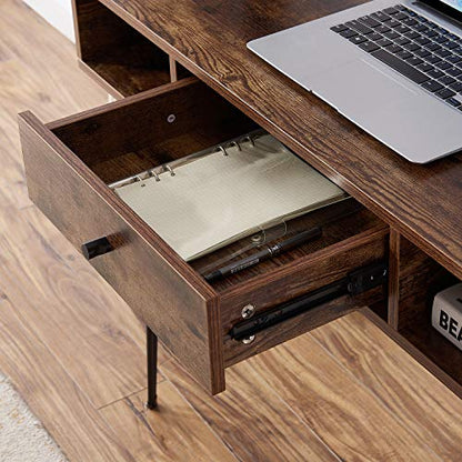 VECELO 39.3" Home Office Work Table with Drawers,Computer Desk with Hairpin Leg for Writing/Study,Retro Brown - color: Retro Brown
