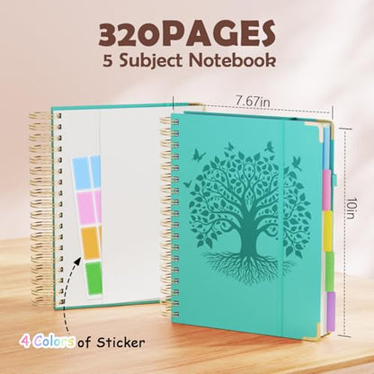 QIYVLOS Hardcover Spiral Notebook, B5 Journal with Removable Dividers Tabs, 5 Subject Notebook College Ruled, 320 Pages 8"x10" Leather Notebooks for Work School Study, Lined Journal for Women, Cyan - color: B5/Cyan