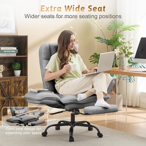 Wider Seat Office Chair with Flip Armrests for Criss Cross Legged&Cats, Big and Tall Executive Ergonomic Reclining Chair with Footrest&Lumbar Pillow, Teddy Fleece Desk Chair,Grey Vanity Chair - color: Grey
