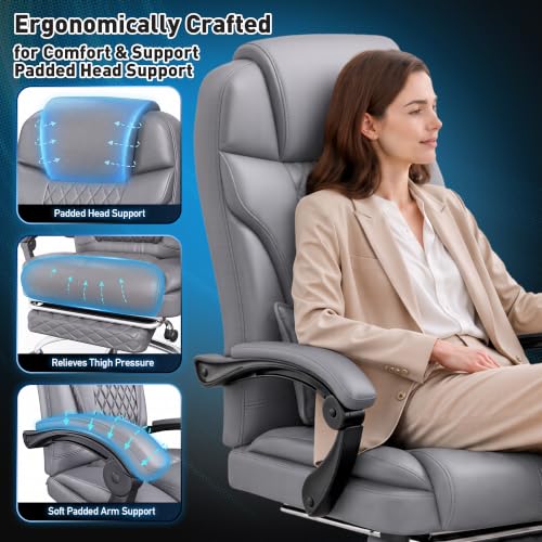 DurayLoly Big and Tall Office Chair, Retractable Footrest, 145° Recline - color: Grey