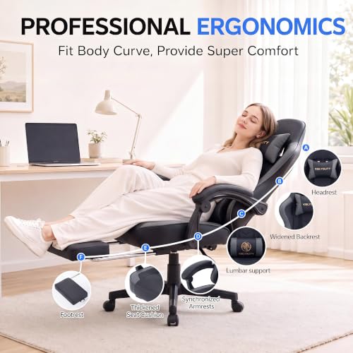 Desk Computer Gaming Chair - High Back Ergonomic Office Chair with Footrest and Lumbar Support, Swivel Comfy Home Gamer Video Game Chairs with Pocket Spring Cushion for Adults (Grey Leather) - color: Classic Grey Leather