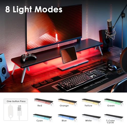 Fenge Dual Monitor Stand with 8-Mode LED Lights and Frosted Shelf, Black | Sturdy Aluminum Legs, Built-In Phone & Tablet Slot, 2-Tier Storage, 42.5-Inch Desk Shelf for Gaming, Home Office & Streaming - color: Black