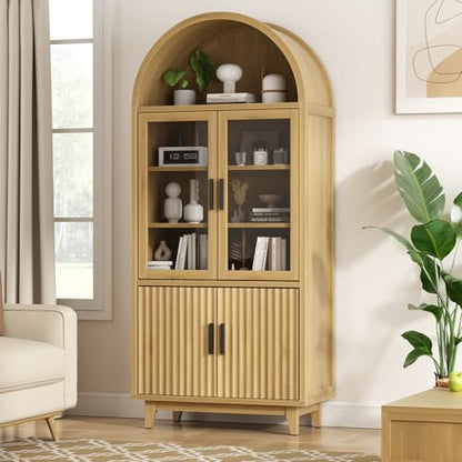 Arched Cabinet with Glass Doors, Fluted Pantry Cabinet with Solid Wood Legs - color: Wood Grain, size: Tall Arched - 15.7"D x 31.1"W x 70.8"H