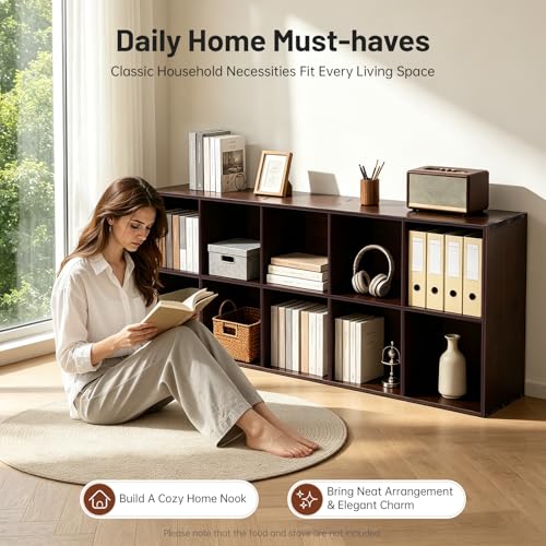 10 Cube Storage Organizer - Pine Wood Bookshelf - Cube Shelf - Vertical or Horizontal Bookcase - Open Book Shelf - Easy Assembly for Bedroom, Living Room, Office - Brown - size: 10 Cube