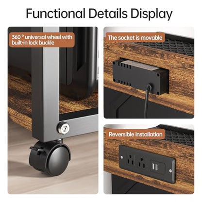 FANXIYQ Computer Tower Stand with Charging Station, Adjustable Height PC Tower Stand for Floor & Carpet, Rolling CPU Holder Cart with Top Shelf, Under Desk PC Cart, Wood Grain - color: Wood Grain