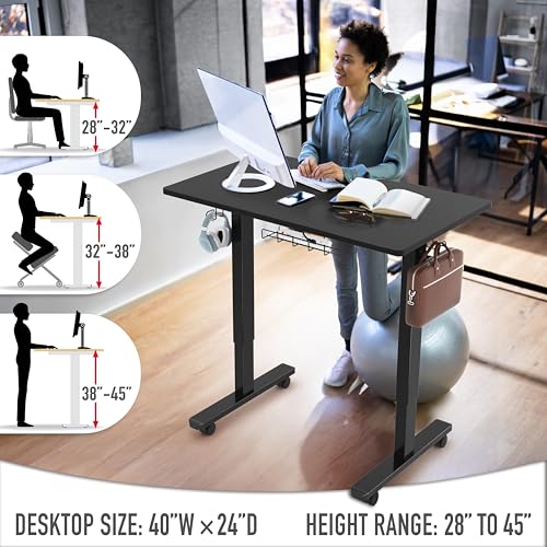 SHW Mobile Electric Height Adjustable Standing Desk w/Drawer, Black | 40" Wide Top | w/ Memory Presets and Cable Management | Drawer with adjustable compartments | Hanging Hooks - color: Black
