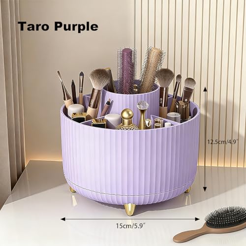 ROOM127 Makeup Brush Holder Organizer, 360° Rotating 5-Slot Storage Cup | Taro Purple Spinning Cosmetic Organizer for Brushes Lipsticks Eyeliners Pens and Beauty Tools for Vanity Bathroom and Desk