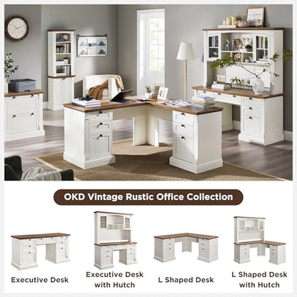 OKD 60" L Shaped Executive Desk, Farmhouse Desk with Drawers,Antique White - color: Antique White