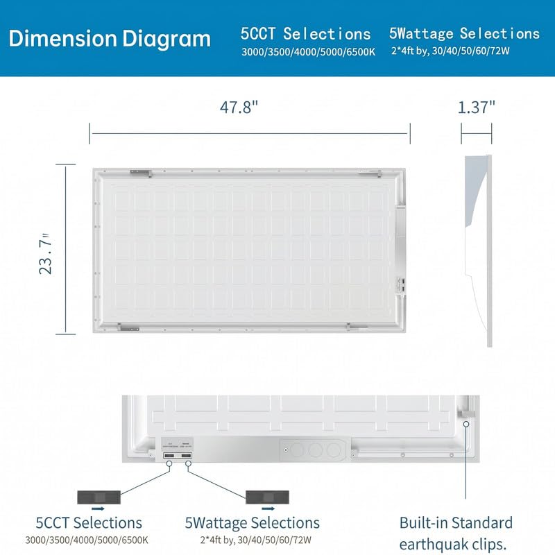 4 Pack 2x4 LED Flat Panel Light for Drop Ceiling, 9360lm Selectable 30W/40W/50W/60W/72W, Color Temperature 3000K/3500K/4000K/5000K/6500K, 0-10V Dimmable, 120-277V, ETL - size: 2X4 FT LED 4 Pack