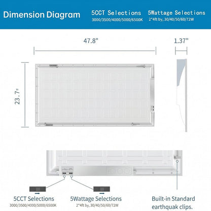 4 Pack 2x4 LED Flat Panel Light for Drop Ceiling, 9360lm Selectable 30W/40W/50W/60W/72W, Color Temperature 3000K/3500K/4000K/5000K/6500K, 0-10V Dimmable, 120-277V, ETL - size: 2X4 FT LED 4 Pack