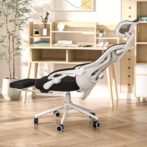 CYKOV Ergonomic Office Chair with Footrest - Adjustable Lumbar Support & Headrest, 90-135° Reclining Mesh Back Computer Chair - Home Office/Gaming, 350lbs Capacity - color: Black With White