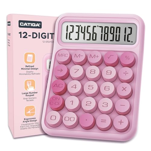 CATIGA Mechanical Switch Calculator, Pink Calculator with 12 Digit Large LCD Display & Big Buttons for Office Desk, Classroom Math, Back to School Supplies, Cute Aesthetic Desk Accessories - color: Pink