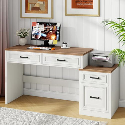 Vabches 61" Farmhouse Computer Desk with Storage and File Drawer | Executive Desks with Printer Stand, Rustic Large Home Writing Desk for Home Office - color: Unique White