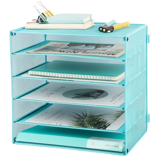 5 Slot Mesh Desk Organizer Tray, File Paper Letter Folder Holder Desktop Paper Sorter Mail Organization Rack Storage Accessories, for Office Home School Classroom, Blue - color: 5 Tier Blue
