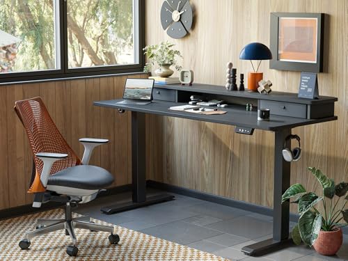 TIQLAB Standing Desk with Two Drawers, Stand Up Standing Desk Adjustable Height, Electric Sit Stand Table with Storage Shelf and Splice Board, 63 * 24 inch, Black - color: Black, size: 63*24 inch without keyboard tray