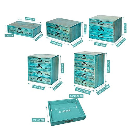 5-piece Full Matching Set Turquoise Wooden Cabinets,European Country Style Desk Organizer Boxes,Multi-level Teal Wooden Stackable Drawers,Countertop Organizer Drawers w/ Label Holder,Desktop Chests - style: Matching set I All 5 styles
