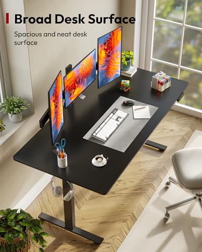 SANODESK 63x32'' Large Height Adjustable Ergonomic Electric Standing Desk | Stand Up Desk Home Office Computer Workstation Extra Large Sit Stand Desk with Splice Board (Black Frame + Black Top) - color: Black Frame+ Black Top, size: 63x32"