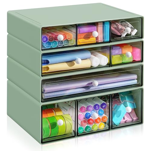 Desk Organizer with 9 Drawers, 4 Tiers Stackable Storage Drawers, Desktop Storage Box with Clear Drawers for Stationery, Makeup, Jewelry, Office and Craft Supplies (Green) - color: Green