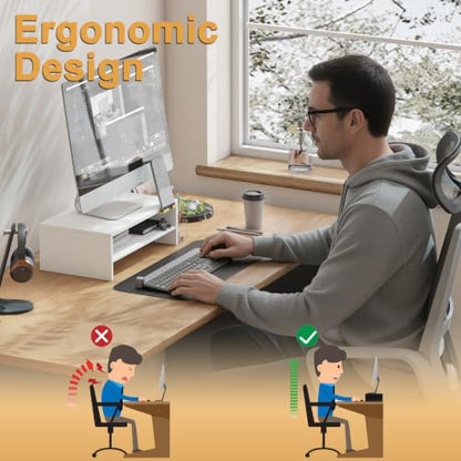 TEAMIX 2-Tier White Monitor Stand Riser with Phone Holder&Clear Pen Holder - color: White, size: 15.7 x 9.5 x 5.7 inches