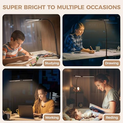 Voncerus LED Desk Lamp for Home Office, Double Head Desk Light with Clamp - color: Black Pro