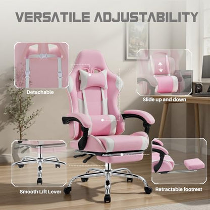 DUMOS Ergonomic Gaming Chair with Footrest, Home Office Desk Chair | PU Leather, Headrest, Linkage Armrests, Height Adjustable, 360 Swivel Reclining, White Pink - color: White Pink, size: PU Leather 27"D x 25"W x 52"H