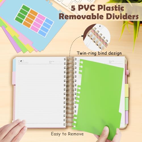 QIYVLOS Hardcover Spiral Notebook, A5 Journal with Removable Dividers Tabs, 5 Subject Notebook College Ruled, 320 Pages 6"x8" Leather Notebooks for Work School Study, Lined Journal for Women, Pink - color: A5/Pink