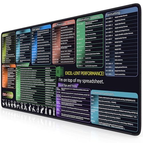 iCasso Excel Cheat Sheet Desk Pad, Excel Mouse Pad Shortcuts, Colorful | Excell Short Cut Desk Mat, Extended Large XXL Non-Slip Exel Mousepad with Stitched Edges for Computer Keyboard - color: Colorful
