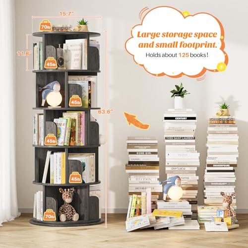 Aheaplus 5 Tier Wood Rotating Bookshelf, 360° Spinning Book Shelf Tower - color: Black Oak, size: 5-Tier