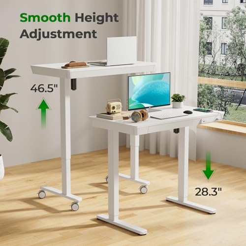 35" Electric Standing Desk with Drawer, 4 Lockable Wheels - color: White Wood-top, size: 35"